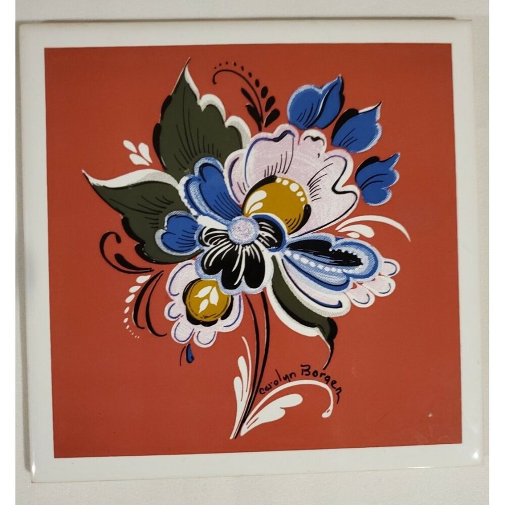 Beautiful Vintage 1987 Floral Trivet by Carolyn Borgen, 6"x6"